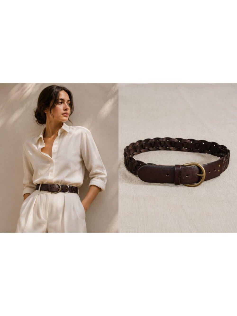 American Eagle Outfitters Women's Brown Genuine Leather Braided Link Belt Brass